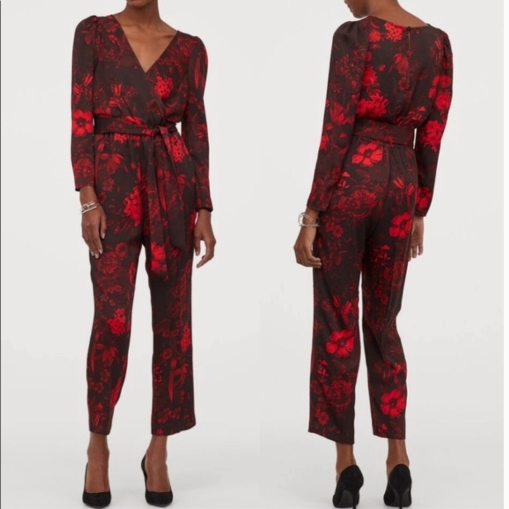 H&M Black Red Floral Faux Wrap 3/4 Sleeve Belted Crop Jumpsuit